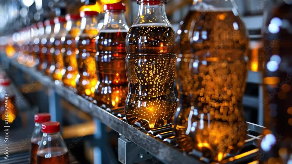 Poster this rows of sparkling soda bottles sit on shelves, reflecting light in a vibrant factory setting.