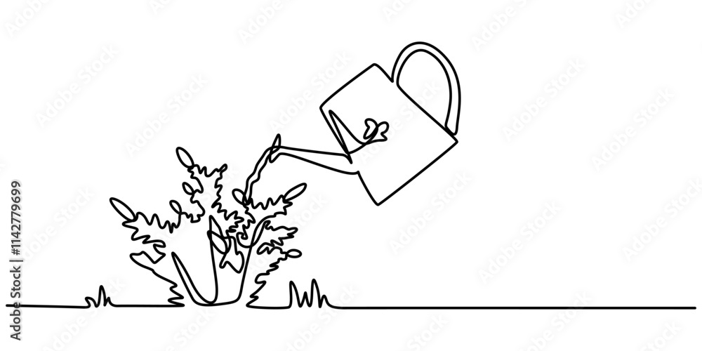 Poster continuous single line sketch drawing of watering can plant tree seedling growth. one line art of na