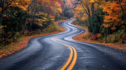 A winding road curves through a mountainous region adorned with colorful autumn leaves. The rocky terrain contrasts beautifully with the warm hues of the fall foliage.