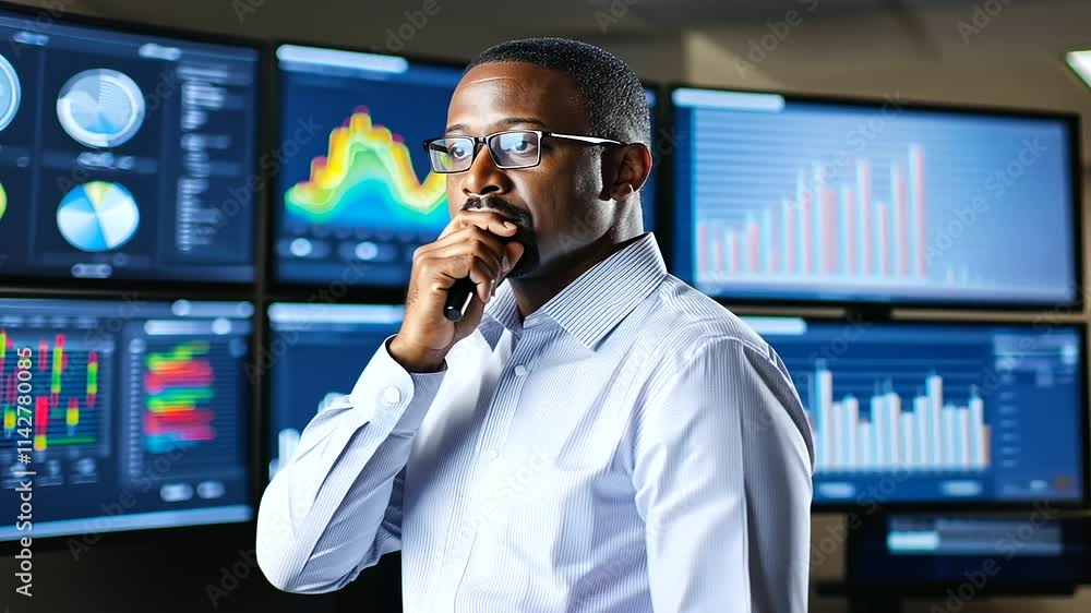 Poster high tech office with man analyzing business performance metrics