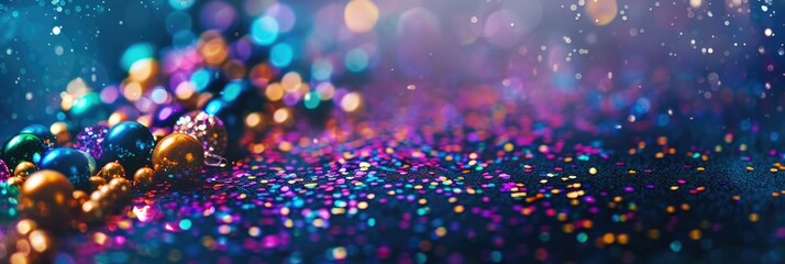 Fototapeta premium horizontal banner, Mardi Gras, scattering of beads and pearl necklaces, brilliant fantasy magic, abstract bright shining background, poster, copy space, free space for text