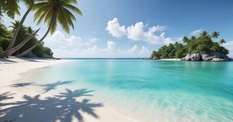 White sand beach with crystal clear waters and tropical islands, ocean views, peaceful beach
