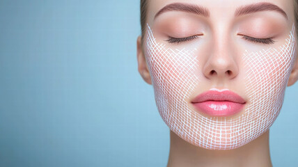Radiant face with skincare cream, showcasing smooth complexion and closed eyes. grid pattern adds modern touch to beauty routine