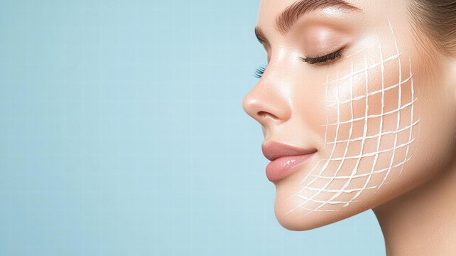 Radiant face with skincare cream, showcasing smooth complexion and beauty treatment. grid pattern highlights skincare application, emphasizing rejuvenation and care