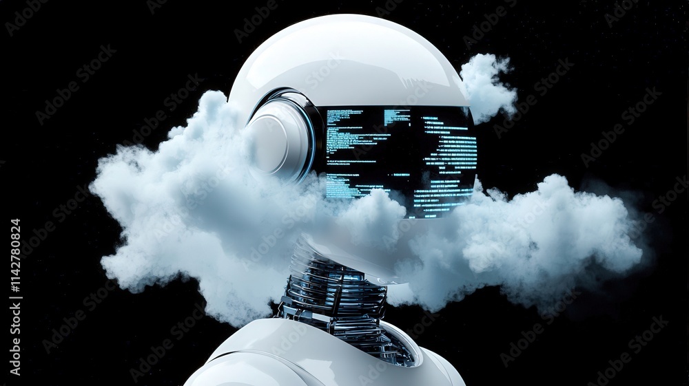 Poster a futuristic robot with a cloud-like halo and a digital display for a face, embodying the fusion of 