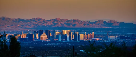Las Vegas Skyline at Golden Hour with Desert Mountains from Elevated View