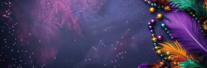 horizontal banner, Mardi gras, peacock feathers, beads and pearl necklaces, dazzling glitter, fantasy magic, abstract bright shining background, poster, copy space, free space for text