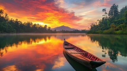 Obraz premium Sunrise casts vibrant colors over tranquil lake with traditional wooden boat in serene landscape