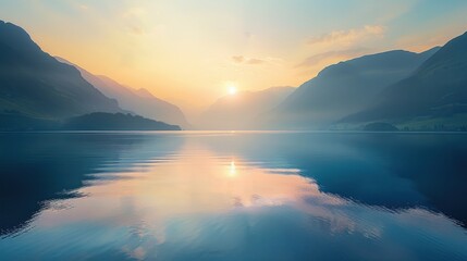 Fototapeta premium Scenic view of a lake with mountains in the background at sunrise Nature