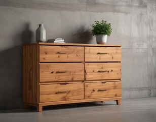 Wooden dresser with open drawers against a concrete wall, modern, home decor, furniture, organization