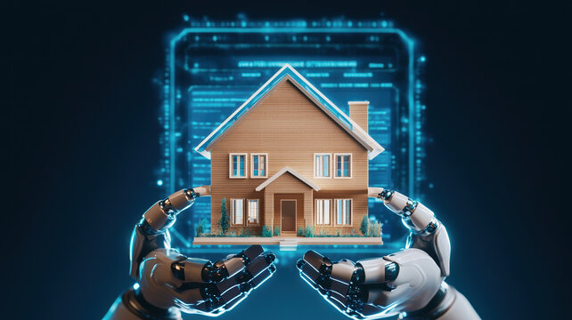 Digital rendering of robotic hands holding model house, showcasing technology and innovation in architecture. scene emphasizes blend of robotics and home design