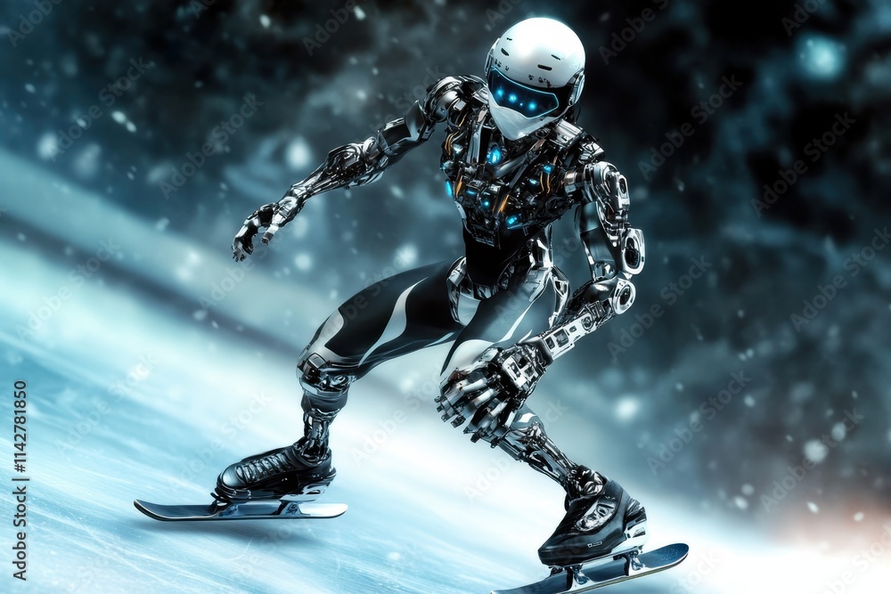 Poster robot skater performs tricks on ice in a futuristic setting with dynamic lighting