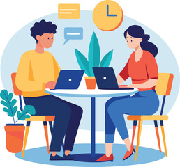 Partners meeting for business discussion with documents and laptop on desk. Couple at round table, speaking, discussing work, partnership. Flat vector on a white background