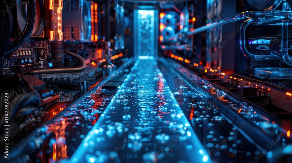 Poster a futuristic computer setup featuring illuminated water cooling elements.