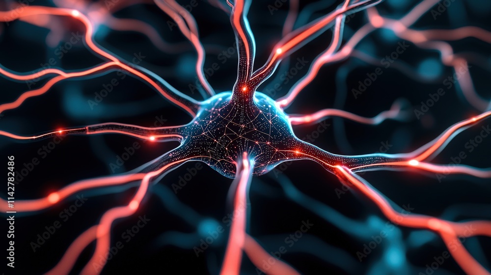 Poster a detailed illustration of a neuron, showcasing its intricate structure with glowing connections, hi