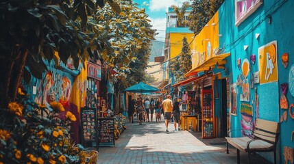 Fototapeta premium Colorful street art captures vibrant urban life on a sunny day in a city alleyway bustling with pedestrians