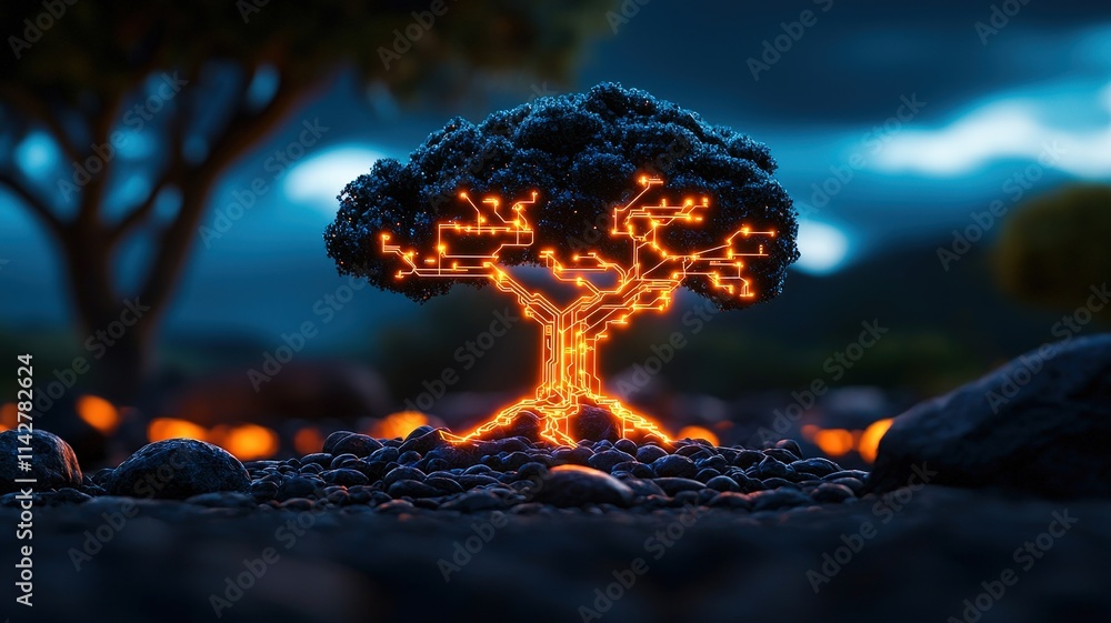 Poster a glowing tree with intricate branches illuminates the landscape, surrounded by rocks, creating a my