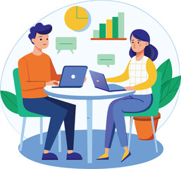 Partners meeting for business discussion with documents and laptop on desk. Couple at round table, speaking, discussing work, partnership. Flat vector on a white background