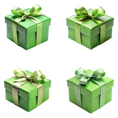 Collection set of green gift boxes with bow ribbons isolated on transparent PNG background, Christmas, birthday, anniversary or Valentine's, holiday decor