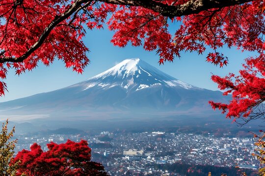 Mt Fuji with red maple leaf in autumn season, Japan.