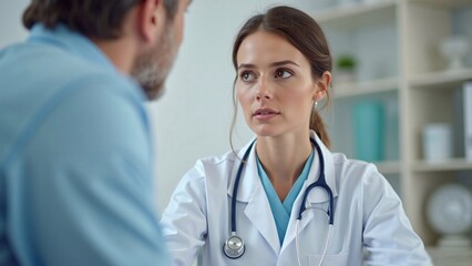 Fototapeta premium professional female doctor with stethoscope listens attentively to patient, medical consultation, healthcare, trust and professional care