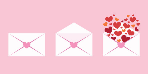 Valentine's Day envelope set and romantic elements Love, wedding, valentine's day concept. Vector illustration