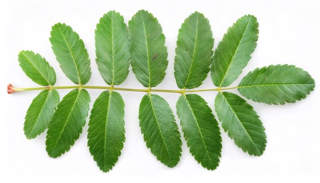 Green rowan branch with serrated leaves isolated on white background, full depth of field