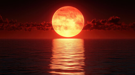 stunning sunset over ocean, with large orange sun reflecting on water surface, creating serene and peaceful atmosphere