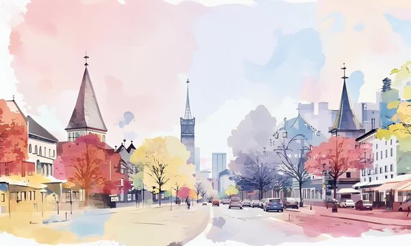 A Watercolor Cityscape with Buildings and Trees in an Artistic Style, Featuring a Street with Cars and a Tall Spire