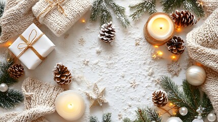 Cozy Christmas scene with gifts, candles, pine cones, and snowy background.