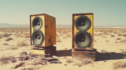 Two oversized speakers, one red and one yellow, standing in an empty desert landscape under a clear blue sky with sparse clouds.