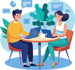 Partners meeting for business discussion with documents and laptop on desk. Couple at round table, speaking, discussing work, partnership. Flat vector on a white background