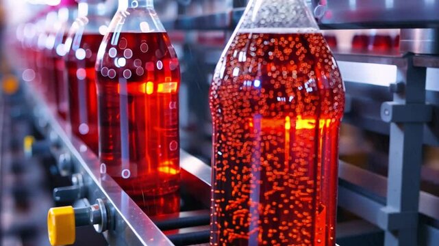 This Colorful fizzy drink bottles glide along the production line, highlighting the bottling process.