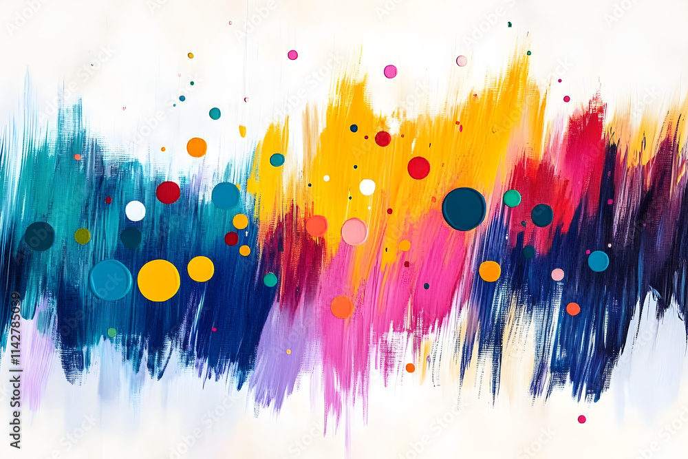 Poster vibrant abstract painting with dynamic brush strokes and colorful dots, showcasing creativity and ar