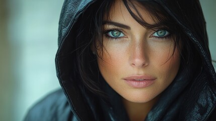 Fototapeta premium Close-up portrait of a woman with green eyes, wearing a black leather hood.