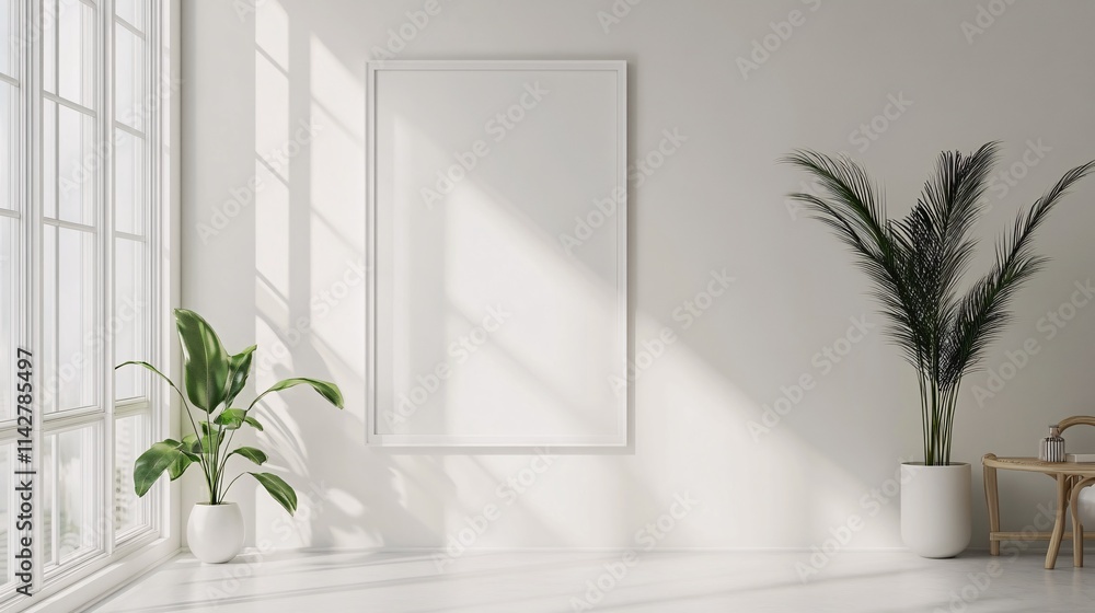 Poster bright, minimalist interior featuring a large blank frame and lush greenery, creating a tranquil and