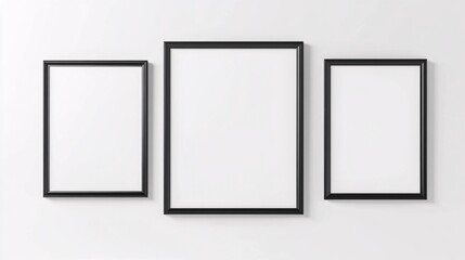Three empty black frames against a white wall, showcasing a minimalist design aesthetic.
