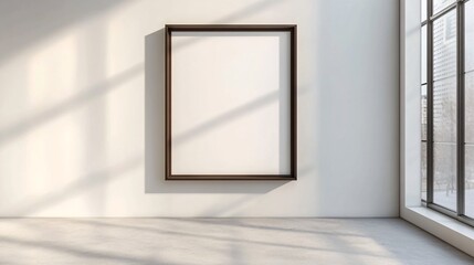 An empty picture frame on a sunlit wall, creating a minimalist and modern aesthetic.