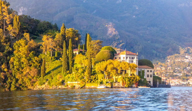 Ruins of an ancient franciscan monastery among sumptuous gardens and villas on the Dosso d'Avedo peninsula, Lake Como, Lombady, Italy
