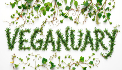 Word Veganuary crafted from various green plants and herbs, emphasizing a commitment to plant-based eating during January, white background