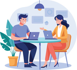 Partners meeting for business discussion with documents and laptop on desk. Couple at round table, speaking, discussing work, partnership. Flat vector on a white background