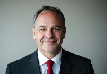 Professional middle-aged businessman in formal suit smiling confidently against neutral background showcasing success and leadership in corporate environment