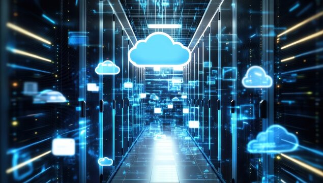 A digital art rendering of cloud computing technology, with glowing blue clouds and icons floating above an array of high-tech computer servers in the background Generative AI