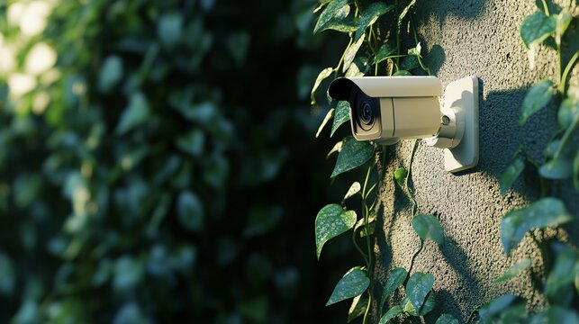A security camera mounted on a textured wall, surrounded by lush green ivy, symbolizing surveillance in nature. - Powered by Adobe