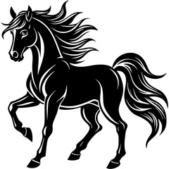 Graceful Horse Silhouette with Flowing Mane and Tail - Black and White Vector Art