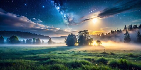 Mystical Fog Bank Meadow Night Photography: Dark Landscape, Eerie Atmosphere, Starry Sky
