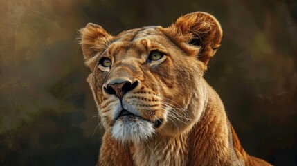 Fototapeta premium Majestic lioness resting in the wild savanna under the golden sun, showcasing her strength and beauty in the African wilderness