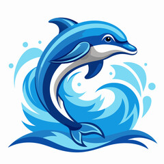 Blue Dolphin Jumping Over Ocean Waves - Vibrant Marine Vector Illustration