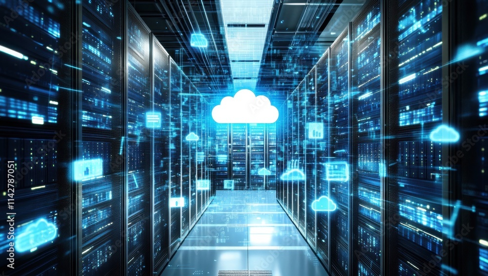 Poster a digital illustration depicting cloud computing technology, with glowing blue data streams and icon