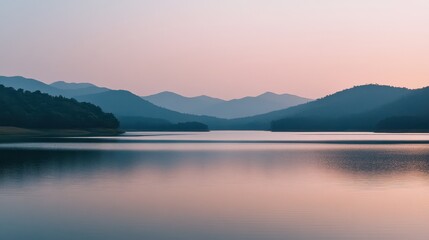 Beautiful sunset over tranquil lake surrounded by mountains reflects calmness and nature's harmony during evening hours